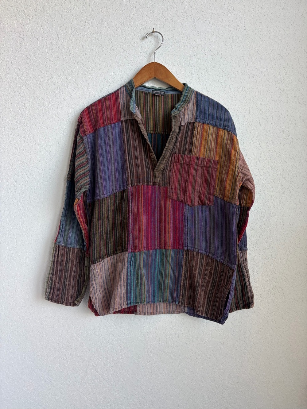 Earthbound Patchwork Striped Button-Neck Shirt Small — Multicolor